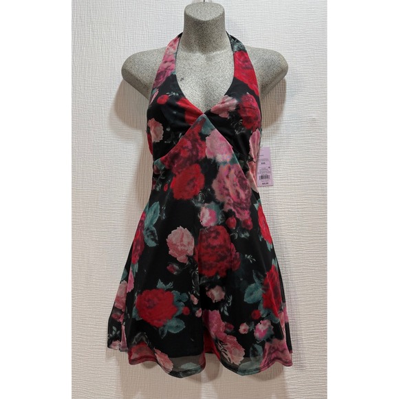 wild fable Dresses & Skirts - Wild‎ Fable Womens XXS Halter Neck Floral Print Mini Dress Black Red Pink Mesh